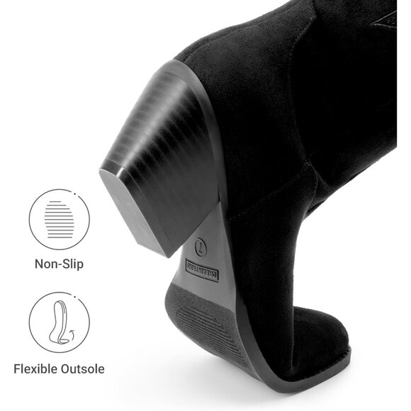 Women's Black Western Cowgirl Boots Knee High Pointed Toe Chunky Block Heel - Picture 6 of 8